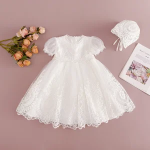 HETISO Baby Girls Elegant Embroidery Long White Christening Dress