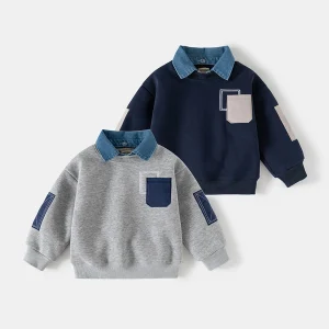 Autumn, Winter Clothings Boys Layered Fleece Sweatshirt Denim Collar Patch Pocket Warm Pullover Kids Casual Top