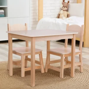 Natural Wood Kids Table and 2 Chairs Set, Sturdy
