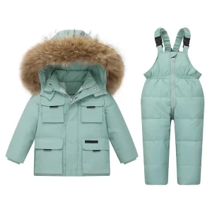 -30 Degree Russian Winter Boys/Girls 2pcs Waterproof Real Fur Down Jacket
