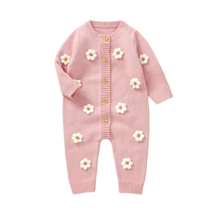 Newborn Baby Girl Knitted Jumpsuit 3D Flower, 0-6Years