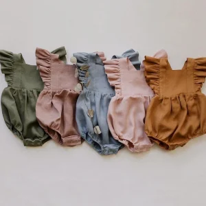 Vintage Linen Cotton Baby Girls Romper Summer Ruffles