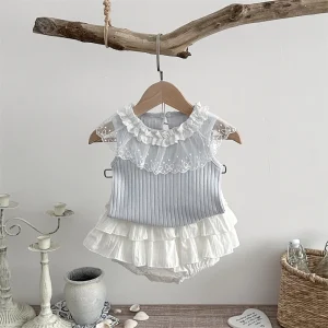 Summer Girls Lace Tee+White Ruffle Shorts, 2Pcs, 6 M-2Y