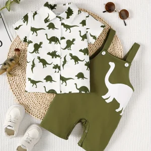 Summer Dinosaur Short Sleeve Shirt with Overalls-6-24 M