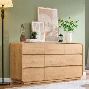 Natural Wood Dresser for Bedroom with 9 Drawers, 57" Wide